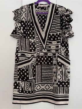 Amanda Uprichard Black & Cream Geometric V-Neck Ruffle Sleeve Mini Dress